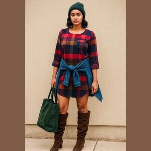 Vibrant Plaid Roll Tab Sleeve Pocket Casual Flannel-look Tunic Shirtdress Fits L